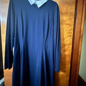 Elegant Navy Long Sleeve Dress with White Collar